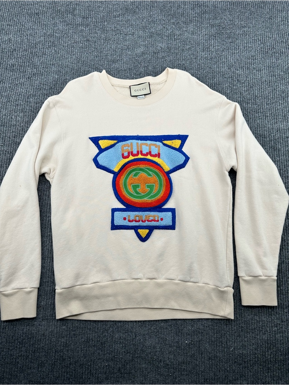 Gucci Cream Crewneck Sweater with Multicolor Embroidered Logo Patch
